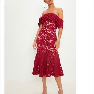 Maroon Crochet Lace Bardot Fishtail Midi Dress